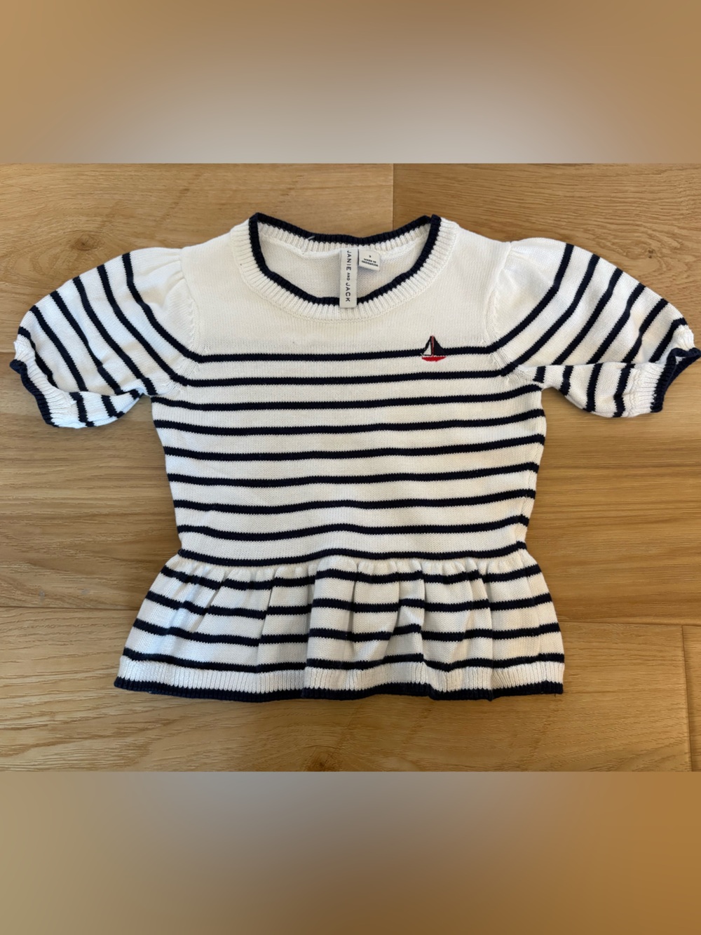 Janie and Jack White and Navy Striped Peplum Top with Sailboat Accent